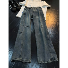 批发美式复古斜切弯刀<b class='q'>牛仔裤</b>男款秋冬腰半<b class='q'>松紧</b>裤子显瘦直筒微喇裤