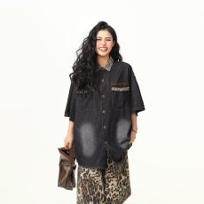 批发复古水洗<b class='q'>牛仔</b>衬衫短袖男女美式宽松设计感豹纹拼接衬衣外穿五分袖