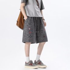 批发白花灰扎染刺绣5分裤子男夏季小众<b class='q'>设计</b>感情侣健身运动休闲短裤