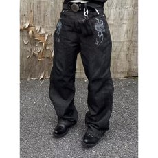 批发美式高街vibe刺绣弯刀牛仔裤男女宽松<b class='q'>设计</b>感阔腿长裤子