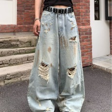 批发浅蓝色破洞老爹<b class='q'>牛仔</b><b class='q'>裤</b>女薄2026年夏季新款高腰休闲宽松哈伦<b class='q'>裤</b><b class='q'>垮</b><b class='q'>裤</b>