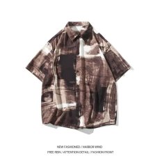 批发夏季<b class='q'>时尚</b>潮流水波纹<b class='q'>个性</b>扎染印花薄款男士宽松短袖衬衫