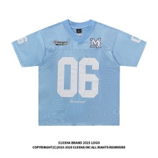 批发美式复古橄榄球服V领运动短袖<b class='q'>T</b><b class='q'>恤</b>男女缎面凉感宽松足球上衣