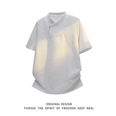 批发美式斜拉链立领<b class='q'>t</b><b class='q'>恤</b>男款夏季设计感小众短袖正肩痞帅半袖