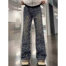 批发美式<b class='q'>设计</b>感豹纹牛仔裤女秋冬大码胖MM高腰垂感显瘦阔腿裤直筒长裤