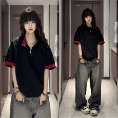 批发V37美式解构撞色拼接翻领POLO衫短袖男春夏宽松设计感休闲通勤<b class='q'>T</b><b class='q'>恤</b>