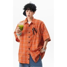 批发夏日多巴胺橙色格纹短袖衬衫女潮牌复古<b class='q'>街头</b>宽松百搭衬衣