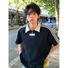 批发撞色条纹POLO衫<b class='q'>男士</b>夏季半拉链<b class='q'>翻领</b>短袖学院风痞帅上衣