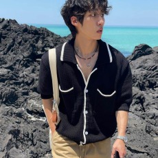 批发夏季韩版时髦复古老钱风气质针织拼接短袖衫<b class='q'>男士</b>宽松<b class='q'>翻领</b>垂感外套