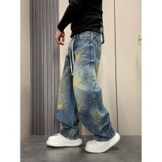 批发美式风手绘星星宽松直筒牛仔裤男个性百搭长裤休闲<b class='q'>冬</b>季青年水洗潮
