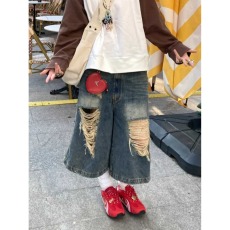 批发破洞阔腿7分<b class='q'>牛仔</b>裤<b class='q'>男</b>女夏季美式街头宽松小众设计感廓形直筒<b class='q'>短裤</b>