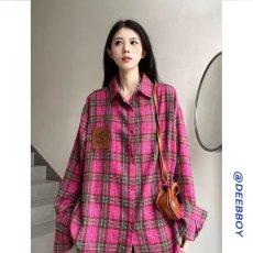 批发美式复古粉色格子<b class='q'>衬衫</b>女款秋季长袖<b class='q'>衬衣</b>男女潮流百搭外套