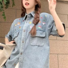 批发水洗做旧牛仔短袖刺绣夏季日系复古慵懒风情侣<b class='q'>衬衫</b>男女短袖外套潮