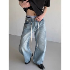批发<b class='q'>韩版</b>牛仔<b class='q'>裤</b>男宽松直筒水洗设计感重磅廓形阔腿拖地长<b class='q'>裤</b>小众