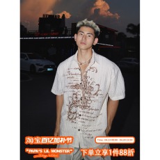 批发光年时梦 美式复古做旧十字架印花短袖<b class='q'>衬衫</b>男 夏季度假风穿搭<b class='q'>衬衣</b>