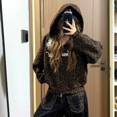 批发2026春秋甜酷感时尚豹纹短款夹克女可爱猫耳朵毛领连帽百搭外套