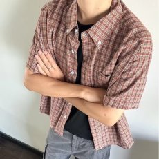 批发美式复古撞色格纹翻领短袖<b class='q'>衬衫</b>男女宽松休闲高级感<b class='q'>衬衣</b>潮