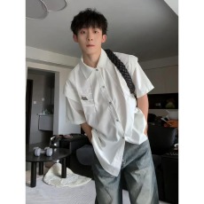 批发褶皱短袖<b class='q'>衬衫</b>男夏季解构设计感防晒<b class='q'>衬衣</b>美式潮牌五分袖外套