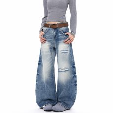 批发美式复古水洗做旧破坏感牛仔裤男女春<b class='q'>秋</b>宽松百搭阔腿裤