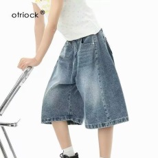 批发美式复古休闲直筒牛仔中裤女夏季薄款宽松大码显瘦阔腿五分牛仔裤