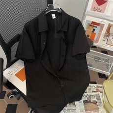 批发波浪冰丝条纹短袖<b class='q'>衬衫</b><b class='q'>男</b>夏季ins潮流小众垂感上衣服宽松纯色<b class='q'>衬衣</b>