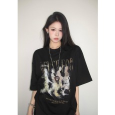 批发数码直喷美式做旧模糊印花纯棉短袖T恤女夏季百搭圆领半袖上衣