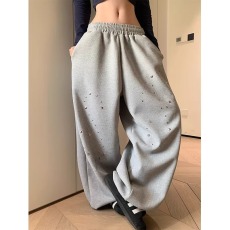 批发2026美式复古华夫格铆钉阔腿卫裤男女款宽松休闲慵懒垂感直筒长裤