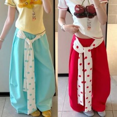 批发【优质棉】网红复古美式多巴胺撞色波点绑带拼接阔腿宽松休闲裤潮