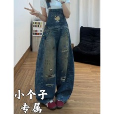 批发145矮个子XS码复古做旧泼墨卡通刺绣牛仔背带裤女夏季宽松阔腿裤