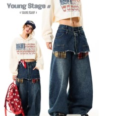 批发假两件设计感格子拼接牛仔裤女2026新款美式复古宽松阔腿弯刀裤子