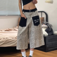 批发美式复古豹纹休闲<b class='q'>短裤</b>男女潮牌直筒百搭设计感小众阔腿七分裤