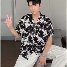 批发新款巴洛克雅痞风水墨短袖男士衬衫2024年夏季百搭宽松<b class='q'>休闲</b>男衬衣
