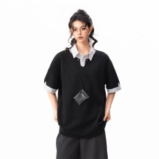 批发美式假两件正肩POLO衫<b class='q'>男</b>女夏季设计感翻领格子<b class='q'>衬衫</b>领拼接短袖T恤