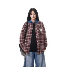 批发美式复古牛仔拼接翻领格子<b class='q'>衬衫</b>男生撞色磨毛格纹长袖<b class='q'>衬衣</b>高街男款