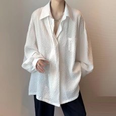批发韩国轻奢高级感时尚长袖<b class='q'>衬衫</b>百搭褶皱肌理纹<b class='q'>韩版</b>宽松轻熟风<b class='q'>男</b>上衣
