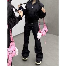 批发春季黑色微喇牛仔裤男美式复古高街窄版显瘦直筒<b class='q'>修身</b>褶皱裤子夏季