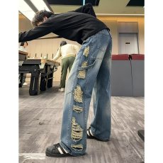 批发美式复古乞丐破洞牛仔裤男女款2026夏季流行单品潮牌宽松阔腿裤子