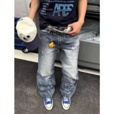 批发春秋破洞牛仔裤<b class='q'>男</b>士港风潮牌工装宽松长裤哈伦休闲大码直筒裤子
