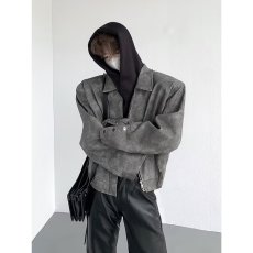 批发美式复古短款PU皮衣机车外套男<b class='q'>秋</b>季潮牌高街休闲晕染飞行员夹克衫