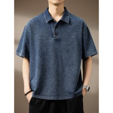 批发高端美式复古短<b class='q'>袖</b>牛仔Polo衫男夏季潮牌宽松大码透气休闲五分<b class='q'>T</b><b class='q'>恤</b>