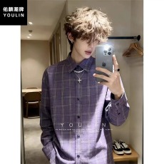 批发紫色多彩格子长袖衬衫<b class='q'>男</b>夏季薄款宽松慵懒风格纹衬衫休闲防晒外套