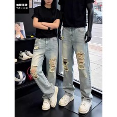 批发水洗蓝膝盖破洞牛仔裤男款夏季<b class='q'>修身</b>显瘦高街vibe裤子直筒高裆长裤