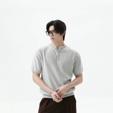 批发高端美式复古重磅亨利领短袖Polo衫<b class='q'>男</b>老钱风休闲半袖修身针织T恤