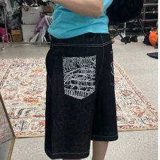 美式高街印花牛仔短裤女2026夏季新款潮牌高腰水洗阔腿六分裤中裤