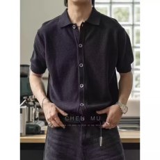 批发美式设计感针织短袖<b class='q'>男</b>女夏季潮新款ing凉感翻领半袖开衫T恤