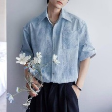 批发潮流高端气质<b class='q'>复古</b>半袖衬衫男士夏季商务时尚百搭翻领衬衣新款<b class='q'>文艺</b>