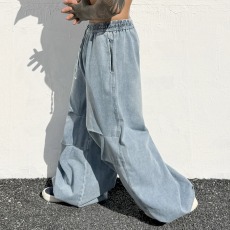 批发美式<b class='q'>街头</b>褶皱松紧腰阔腿牛仔裤男女宽松休闲hiphop垂感长裤夏季薄