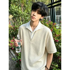 批发老钱风麦穗纹假两件Polo短<b class='q'>袖</b>男女夏季潮牌简约宽松<b class='q'>T</b><b class='q'>恤</b>休闲五分<b class='q'>袖</b>