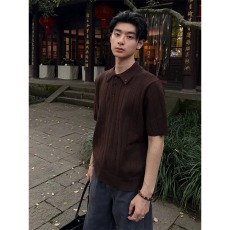 批发复古老钱风咖色条纹短款收腰POLO衫男夏季穿搭钮扣设计感短袖上衣