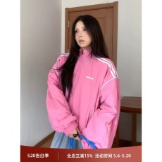 批发粉色情侣款美式夹克衫防风春<b class='q'>秋</b>短外套运动印花上衣女男